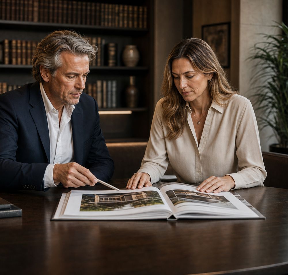Two International Brokers advisers studying a floor plan together at a wooden table