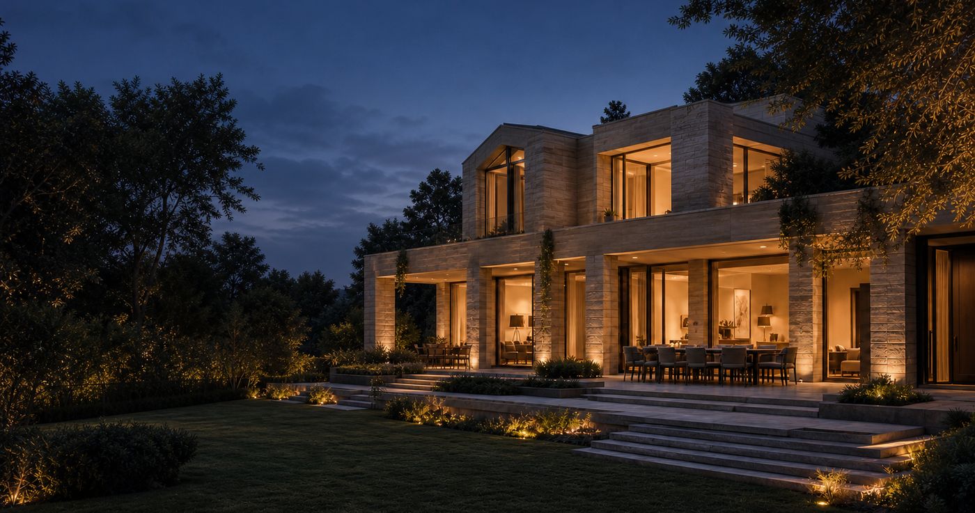 Villa with warmly lit windows at dusk, seen from the garden