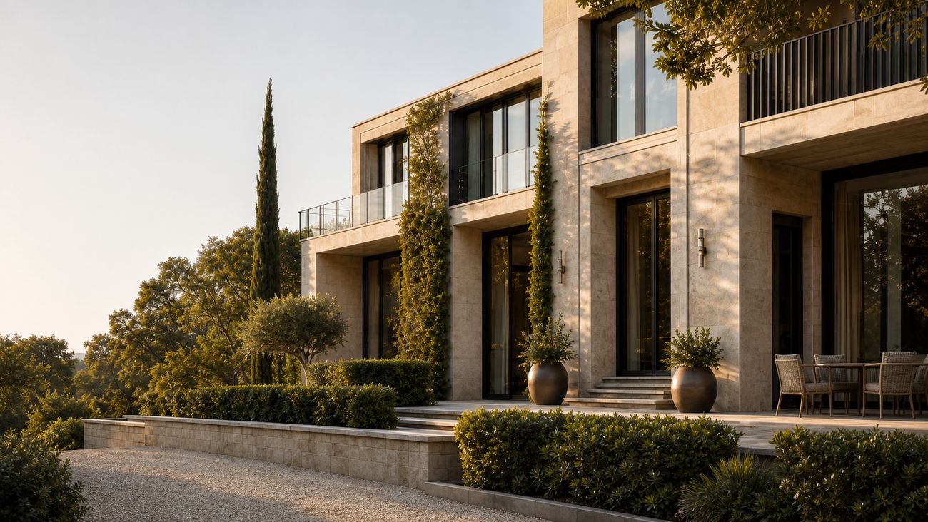 Modern limestone villa in late afternoon light, cypresses along the drive and a terrace running out into the garden