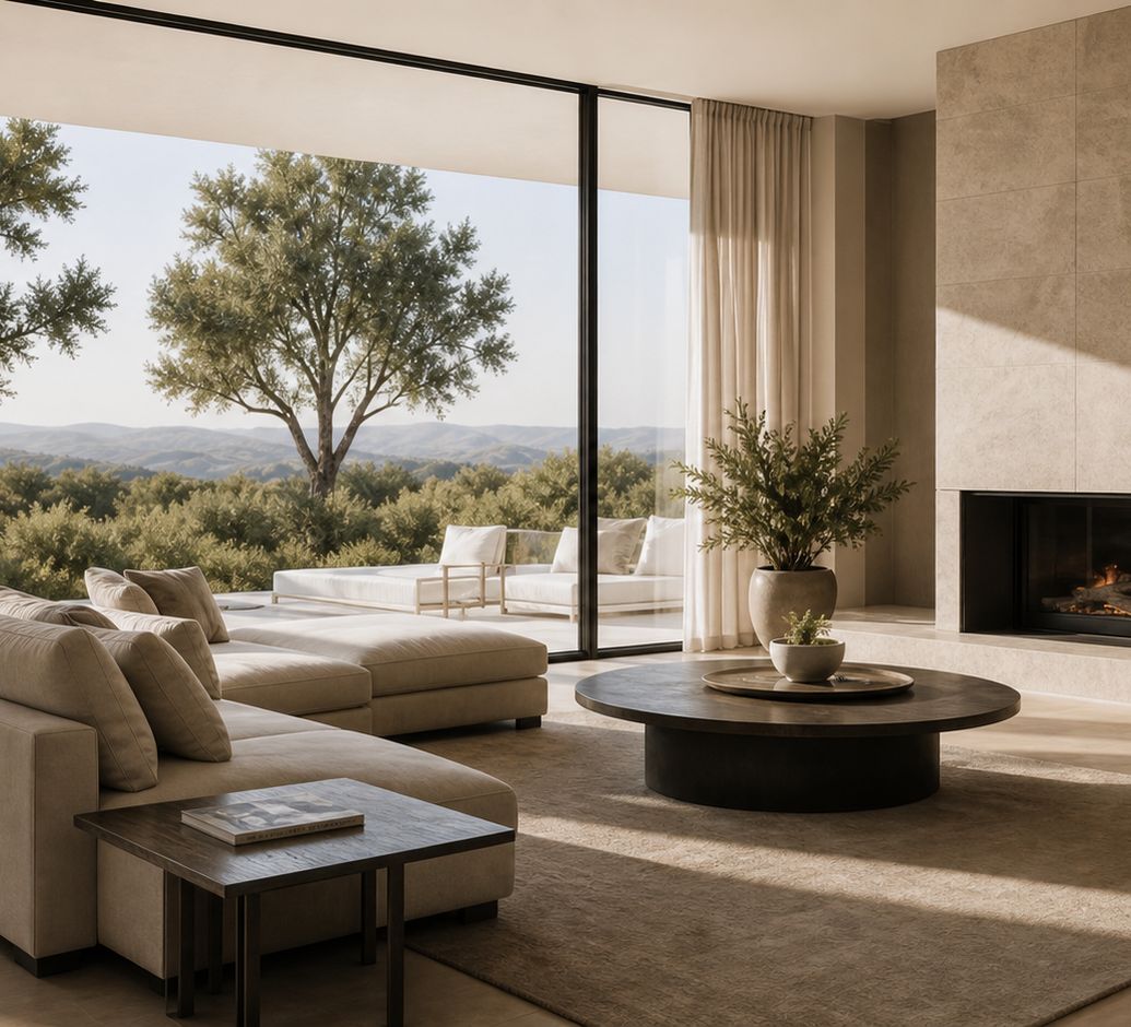 Living room with a stone fireplace and sliding doors opening onto an olive tree and rolling landscape