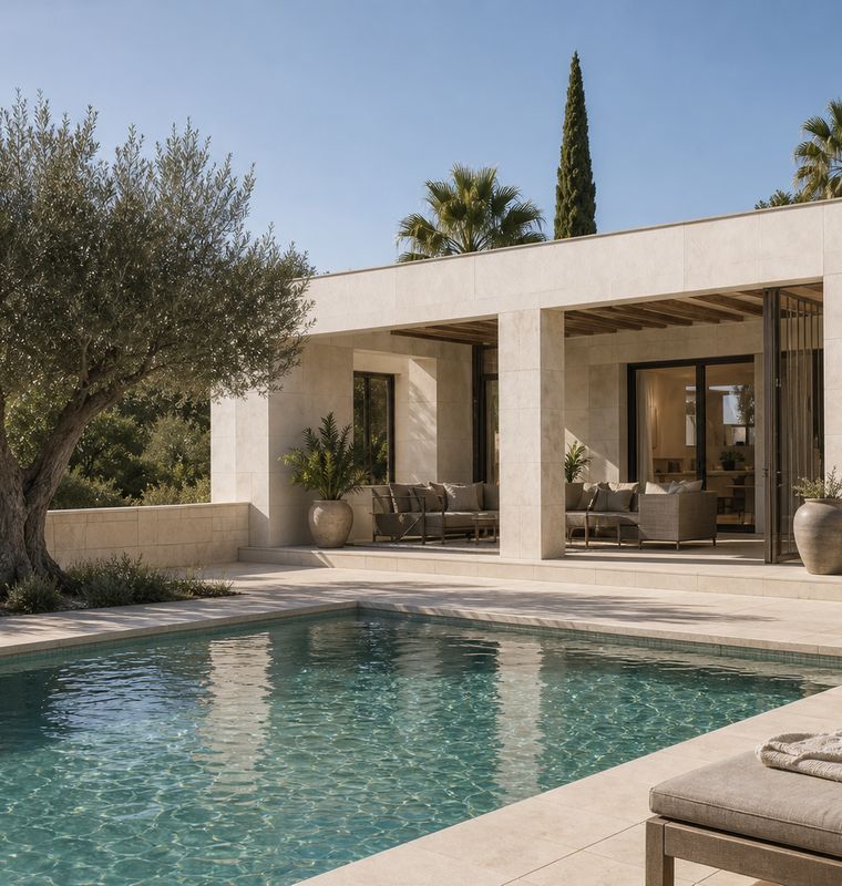 Modern coastal villa in the Algarve with a sunken pool, olive trees and a covered terrace