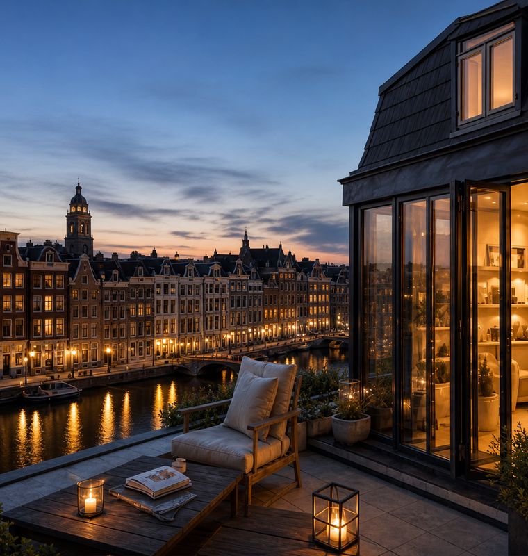 Terrace of a canal penthouse in Amsterdam at dusk, looking out over the water and the row of gabled houses