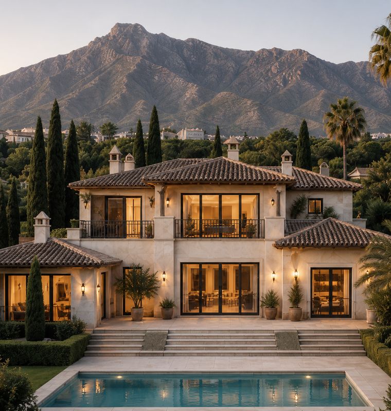 Illuminated estate in the hills above Marbella with La Concha in the background