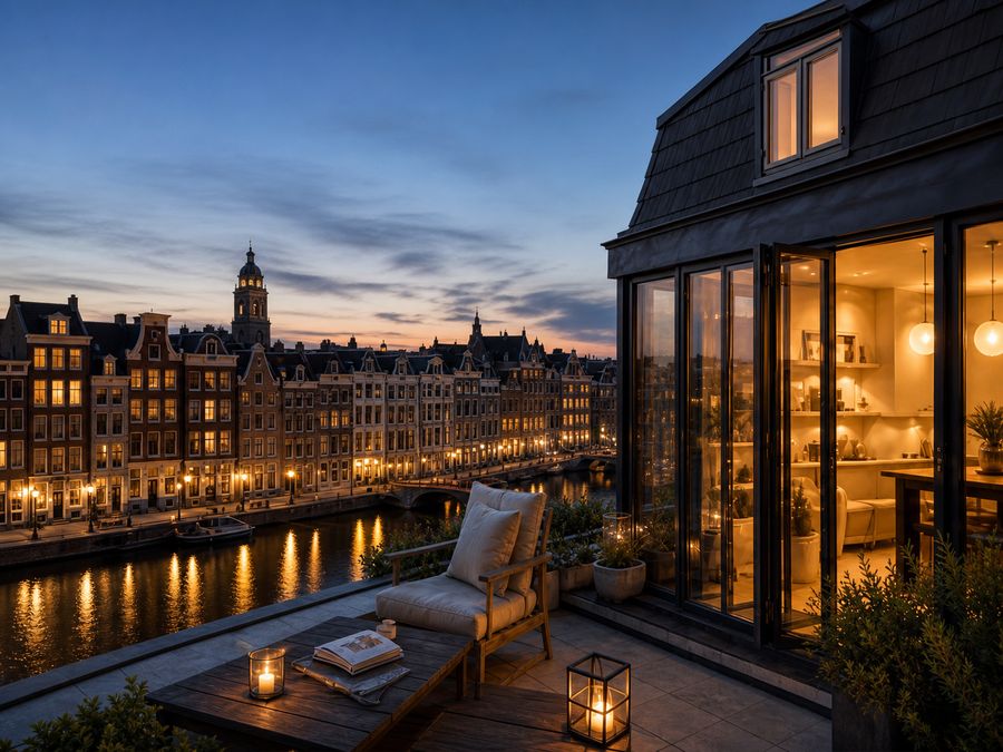 Terrace of a canal penthouse in Amsterdam at dusk